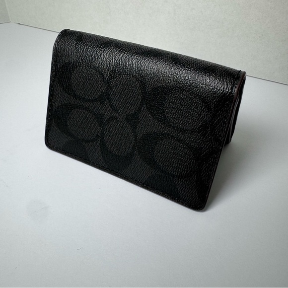 COACH Card Case Wallet #C2122-91663 Black Coated Canvas Signature C Logo Leather - Picture 1 of 10
